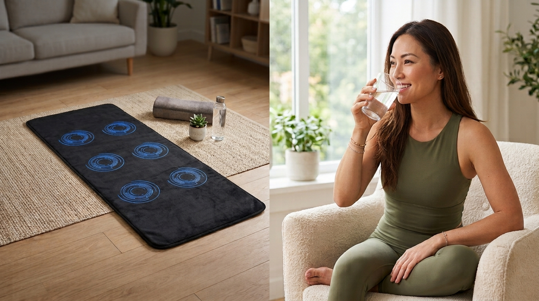 Movtify_PEMF_MAT_WITH_FEMALE_MODEL_DRINKING_WATER